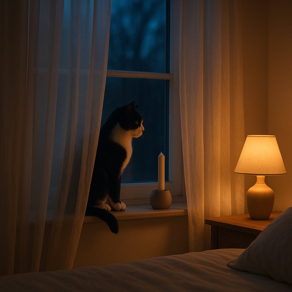 Котка, спяща на вълнено одеяло до прозореца в хола с приглушена утринна светлина, свещ на заден план на висок рафт на безопасно разстояние