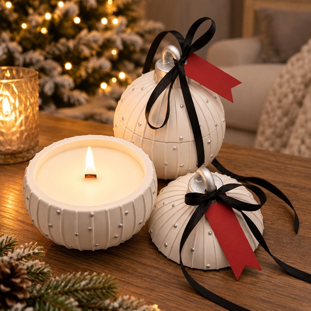 Свещ Christmas Bauble Charming - Бяла / Сребърна / Зимно вълшебство